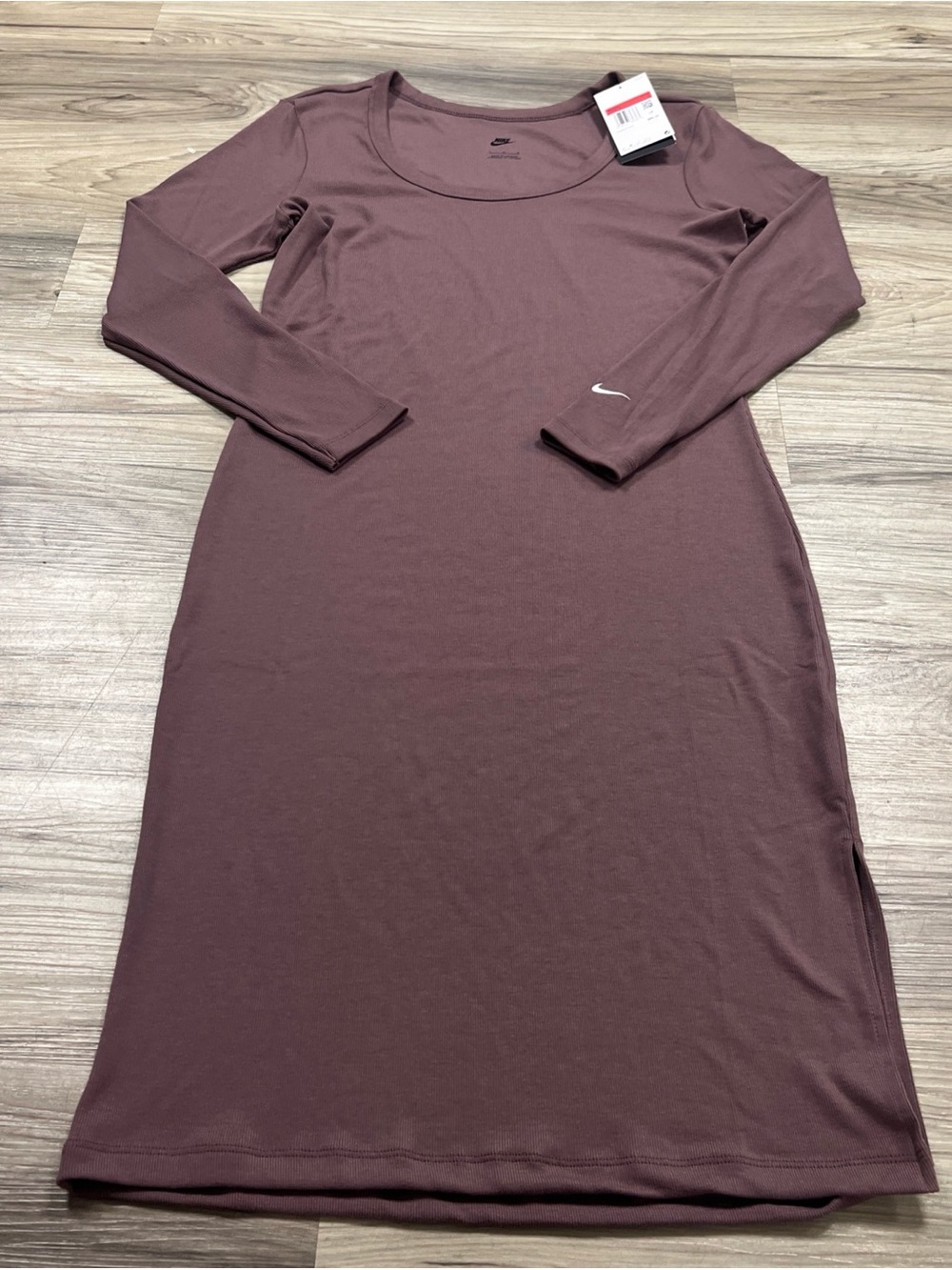 Nike Sportswear Chill Knit Ribbed Long Sleeve Midi Dress Large Burgundy Crush